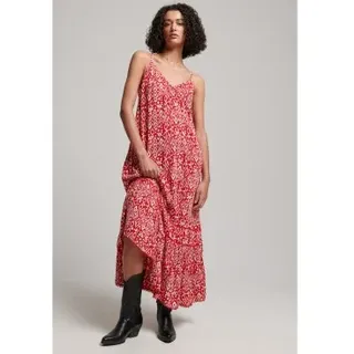 Superdry für Damen. W8011294A Langes rotes trägerloses Kleid (XL), Lässig, Viskose, Ärmellos / Hosenträger
