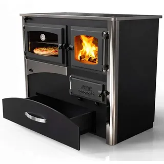 Kaminofen mit Backfach und Herdplatte ABC Concept 2 Air Links Mehrfachbelegung Holzofen 11,6 kW Kamin Ofen Holz Werkstattofen Schwedenofen Hüttenofen - Schwarz, Silber