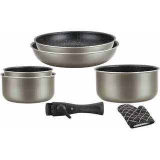 Herzberg HG8053 BLK Kochgeschirr, Set bestehend aus 3 Induktionstöpfen und 2 Allherd-Pfannen in verschiedenen Größen und 1 Topfhandschuh, Marmor-Antihaftbeschichtung, Abnehmbare Griffe, Kupfer