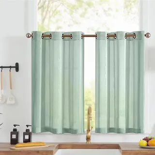 Vangao Sheer Scheibengardinen mit Ösen Transparent Bistrogadine Landhaus Modern Voile Küchenvorhang Gestreift Küchengardinen Paarig für Badezimmer Klein Fenster Dekor 90x115cm(BxH) Blaugrün 2er Set