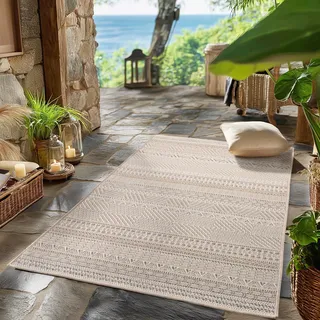 SIMPEX Outdoor Teppich Beige 80x150 cm Läufer Wetterfest UV-beständig Pflegeleicht Skandinavisches Boho Design für Küche Balkon Terrasse Wohnzimmer