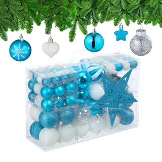 Relaxdays Weihnachtskugeln 101er Set, Kunststoff, Weihnachtsbaumdeko mit Kugeln & Spitze, Christbaumschmuck, petrol/weiß