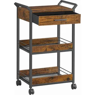 VASAGLE Rollwagen, Küchenwagen 3 Ebenen, Servierwagen mit Bremsen, Holzspanplatte, obere Schublade, Aufbewahrungsregal für Küche, Badezimmer, Schlafzimmer, vintagebraun-tintenschwarz LRC048K01