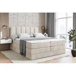 ALTDECOR Boxspringbett mit 2 Matratzen und Topper - 140x200 cm - BOXI1 KING - Creme Samt - Polsterbett mit, H3- und H4- Matratzen, Bettkasten und Lattenrost, Bett mit Stauraum - Creme
