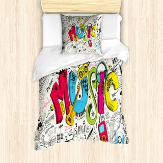 ABAKUHAUS Musik Mantele, Pop-Art-Gekritzel-Art-Kunst, Milbensicher Allergiker geeignet mit Kissenbezügen, 135 cm x 200 cm - 80 x 80 cm, Mehrfarbig