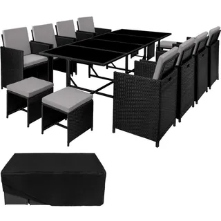 tectake Rattan Sitzgruppe Palma,zusammenschiebbar, inklusive Schutzhülle,schwarz/grau , Kunststoff , Rechteckig , Gartenmöbel, Gartengarnituren, Gartenmöbel-Sets