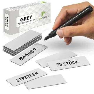 2DOBOARD Magnetstreifen beschreibbar - 7,5 cm x 2,5 cm Grau- 75 Stück - Magnetschilder zum beschriften – Für Kühlschrank, Whiteboard & Tafel - Magnetetiketten