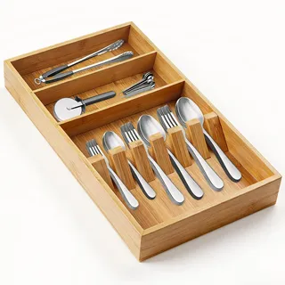 Wlicon Besteckkasten aus Bambus Schublade 42 CM x 25,5 CM x 4,5 CM Besteckeinsatz Organizer aus Holz Natürliche Besteckkasten aus Bambus für Schubladen für Küchen Geschirr Löffel Messer