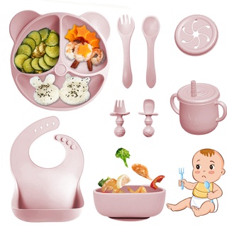 Bizcasa 9 Stück Silikon Baby Geschirrset, Rutschfest Kindergeschirr Set, Kindergeschirr mit Saugnapf, Rutschfest Baby Schüssel,Baby-Teller, Baby-Besteckset für Kleinkinder, BPA Frei (Hellrosa)