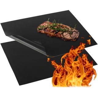 com-four® 2x BBQ Grillmatte aus Teflon - hitzebeständige Backofenmatte - Antihaft-Grillfolie - Grill- und Backunterlage - wiederverwendbar, zuschneidbar, spülmaschinengeeignet (2 Stück - schwarz)