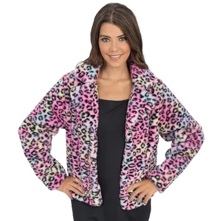 Chaks - Leo Jacke Damen, bunte Kunstfell Jacke mit Leopardenmuster aus Plüsch, Kostüm Accessoire für Karneval & Party