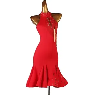 JRUIA Neckholder Latein Profi-Wettkampf Kostüme Für Damen Hohle Zurück Tango Performance Tanzkleidung Ärmellose Salsa Ballsaal Tanzkleider Cha Cha Kleid Mit Schlitz