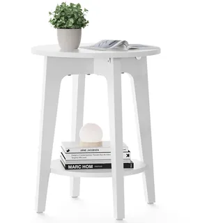 VASAGLE Beistelltisch, Sofatisch, Kleiner runder Tisch für Wohnzimmer, Nachttische für kleine Räume, mit unterem Ablage, moderner Stil, weiß LET283T14