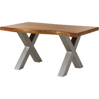 MASSIVMOEBEL24.DE Baumtisch Akazie 140x90x77 Akazie natur lackiert / X-Beine silber matt FREEFORM 5 - Silber, Grau