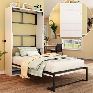 Wandklappbett 90 x 200 cm, Murphy-Bett mit Metallrahmen, platzsparendes Faltbett, Wandmontage, klappbares Einzelbett, Holz, robust und leise - Weiß