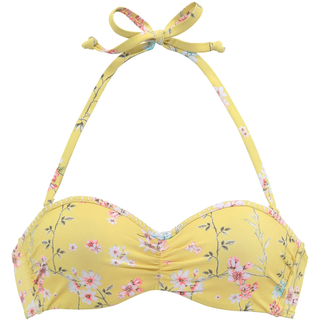 Bügel-Bandeau-Bikini-Top SUNSEEKER "Ditsy", Damen, Gr. 34, Cup E, gelb (gelb, bedruckt), Polyamid, bedruckt, geblümt, Bikini-Oberteile Bügel-Bandeau-Bikini-Top, mit Häkelkante