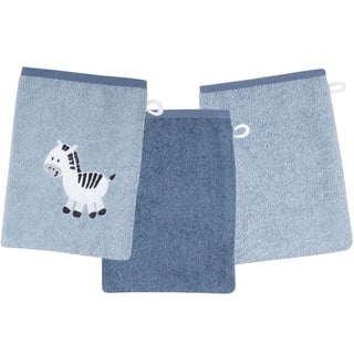 Wörner Waschhandschuh »Zebra blau Waschhandschuh 3er Set«, (3 St., 3er Set Waschhandschuhe 15 x 21 cm), 1x mit süßer Zebrastickerei, 2x unifarben, blau