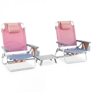 COSTWAY 2er Set Strandstühle mit Tisch, klappbare Campingstühle mit Verstellbarer Rückenlehne, Kopfstütze, 2 Getränkhalter, Aufbewahrungstasche & Schultergurten, Klappstühle leicht