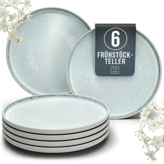 Steingut Frühstücksteller 6 Pers. Ibiza Hochwertiges Mediterranes TEST SEHR GUT Dessertteller Set - Kuchenteller spülmaschinen- und kratzfest - Kleine Teller, Salatteller Pure Living in Beige-Blau