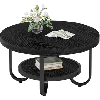 Tribesigns Runder Couchtisch, Industrial 2-stöckiger Sofatisch mit Lagerung Regale, 79 cm Mitte Tisch Sofa Beistelltisch, Schwarz - Schwarz