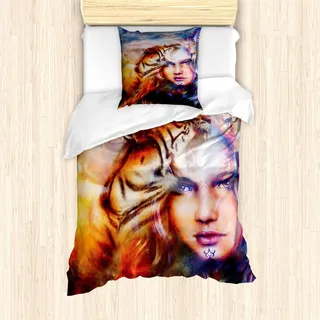 ABAKUHAUS Mystiker Bettbezug Set, Mächtiger Tiger Und Lion Head Mit Frauen Gesicht Dekorativer Hintergrund Bild, 135 x 200 cm + 80 x 80 cm, Gelb Braun Blau