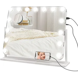 HOMCOM Hollywood-Schminkspiegel, beleuchtet, LED, dimmbar, mit Vergrößerungsspiegel, Schminkspiegel, USB-Ladeanschluss, Handyhalter, 360° drehbar – 63 x 50 cm - Weiß