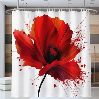 Duschvorhang Motiv Rote Mohnblume Rot 200x200cm Badewannenvorhang Shower Curtain mit 12 Duschvorhänge Haken Badezimmer Vorhänge Aquarell Blumen Waschbar Textil Vorhang für Badezimmer Polyester