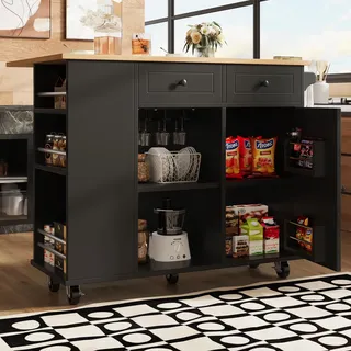 Fortuna Lai Kücheninsel mit herausnehmbaren Trennwänden, Küchenschrank, Esszimmerwagen mit Arbeitsplatte, Buffetschrank, Esszimmerwagen mit Holzmaserung, ausgestattet mit Snackhalter und Weinglasregal, schwarz - Schwarz