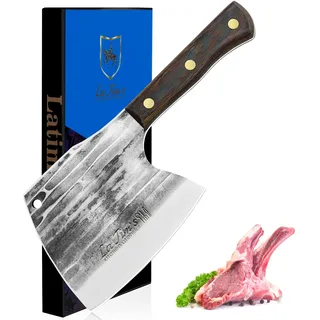 LA TIM'S Hackmesser, 0,85KG schweres Hackbeil, handgeschmiedetem Kohlenstoffstahl Fleischbeil, Fleischermesser zum Hacken von Knochen, Massivholzgriff
