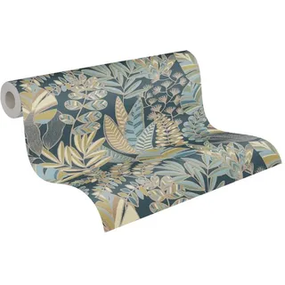 A.S. Création Tapete Floral Blau Gold Grün Gelb Antigua 390955 - Pflanzen Tapete Vliestapete - 10,05 m x 0,53 m Made in Germany