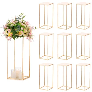 Sziqiqi 60cm Metall Goldene Rechteckige Vasen mit Platte Hochzeits Tisch – 10Stück Hoch Vase Blumensäulenständer für Blumenarrangements, Große Blumenvasen für Hochzeitsfeiern Straßenführungen