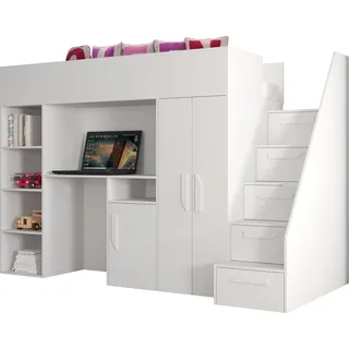 Etagenbett für Kinder Party 14 Stockbett mit Treppe und Bettkasten (Weiß + Weiß Glanz + weiße Griffe) - Weiß