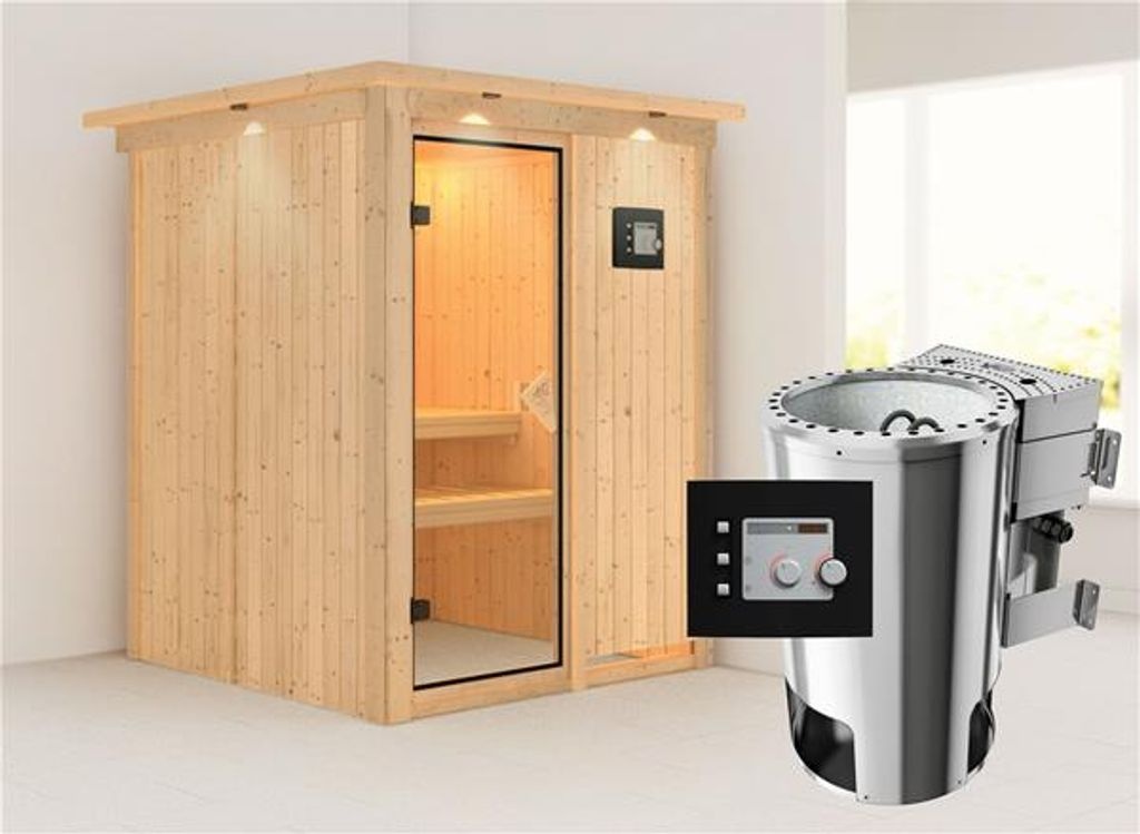 Bild von Sauna Minja 68mm 230V Dachkranz & Bio-Ofen externe Stg.LED-Dachkranz Natur