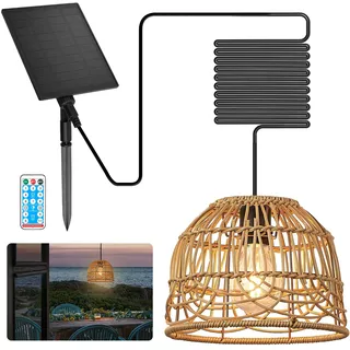 BRIMETI Solarlampen für Außen Garten Solar Hängelampe Outdoor Rattan Hängeleuchte Hängend mit Fernbedienung Dimmbare IP65 Wasserdichte Solarlampen Pendelleuchte,für Balkon Pavillon(mit 5M Kabel)