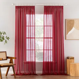 MIULEE Gardinen Vorhänge mit Kräuselband 2er Set Gardine Vorhang Gardinen Wohnzimmer aus Sheer Voile Curtains Transparent Schlafzimmer Rot 140 x 245 cm