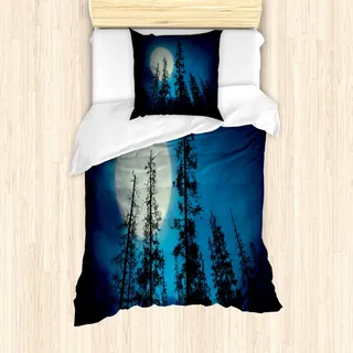 ABAKUHAUS Dunkelblau Mantele, Spooky Wald Mond, Milbensicher Allergiker geeignet mit Kissenbezügen, 135 cm x 200 cm - 80 x 80 cm, Blau Schwarz Weiß - Blau