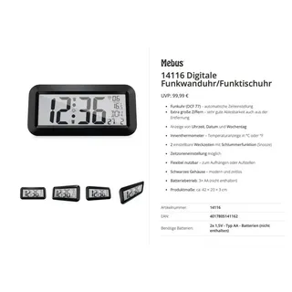 MEBUS Funkwanduhr 42 cm 14116 schwarz/silber