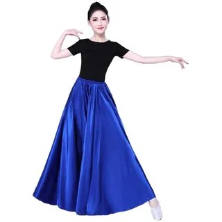 OZLCUA Großer Swing Bauchtanzrock aus glänzendem Satin, Langer spanischer Rock, Swing-Tanzrock, Sonnenrock, Vestido for Damen, Bühnenkostüm Dance Performance Skirt(Royal Blue)