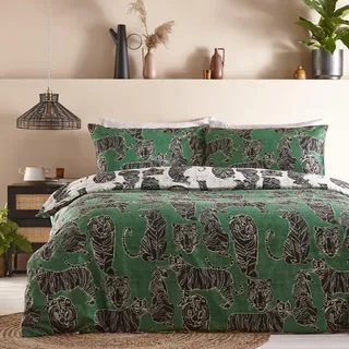 furn. Wildcat Bettbezug-Set, wendbar, Tribal-Dschungel-Grafik, weiche Baumwollmischung mit Kissenbezügen (Jungle Green - King)