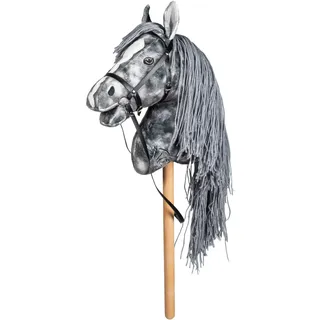 HKM Hobby Horse Beni – Steckenpferd Silbergrau, abnehmbare Trense & Lange Mähne, 40 cm Holzstiel – für Hobby Horsing Dressur & Parcours