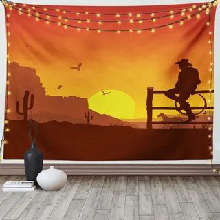 ABAKUHAUS amerikanisch Wandteppich, Wild West Sunset Szene, Wohnzimmer Schlafzimmer Wandtuch Seidiges Satin Wandteppich, 150 x 100 cm, Burnt orange - Orange