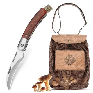 DRACHENADER Pilzmesser & Pilzkorb, Schwammerlmesser mit Bürste/Pinsel (Integriert), Liner Lock, §42a konform, Atmungsaktive, Faltbare Pilztasche mit Netz, Verstellbarem Schultergurt