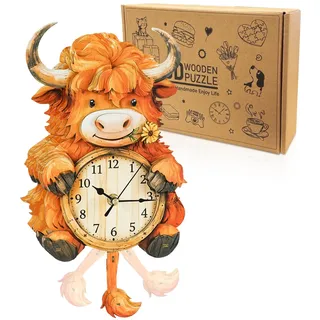 Cutywood 3D Holzpuzzle Uhr, Hochlandrinder Uhr Modellbausatz, Dekorative Wand-Schreibtischuhr, Mechanisches Modell mit Pendelmechanismus, 3D Puzzle Uhren Geschenke für DIY-Liebhaber