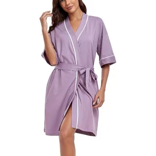 COLORFULLEAF Damen-Bademantel, leicht, 100 % Baumwolle, kurzer Sommer-Hausmantel, Kimono-Stil, Sauna, 3/4-Ärmel, Bademantel, Nachtwäsche mit 2 Taschen (Taro-Lila, XL)