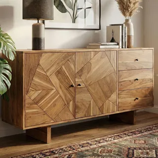 FineBuy Design Sideboard Akazie Massivholz 150 cm mit 2 Türen & 3 Schubladen - Massive Holz Kommode handgefertigt - Echtholz Landhaus Anrichte - Braun