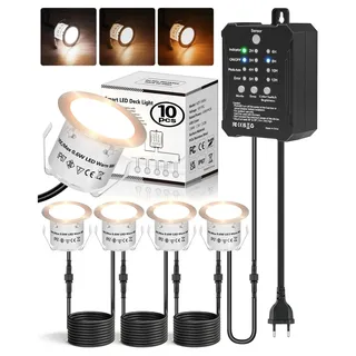 HIBOITEC 3-Farbige Terrassen Einbaustrahler Led mit Timer und Photozellensensor, 10 Stück Niedervolt-Sockelleuchten Led Einbauleuchte Terrasse, IP67 Wasserdicht Boden Außen für Garten Terrassenwege