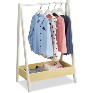 Relaxdays Kleiderständer Kinder, Standgarderobe, HxBxT 99x64,5x42,5 cm, Kleiderstange & Ablage, Kinderzimmer, weiß/natur