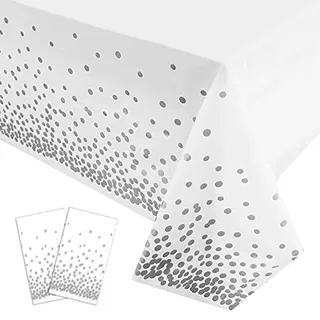 2 Stück Einweg Tischdecke Weiß/Silber Punkt Kunststoff Tischdecken Rechteckig,137 * 274cm Tischdecke Rolle wasserdichte Ölbeständig Garten Tischtuch Papiertischdecke für Party,Geburtstag,Weihnachten