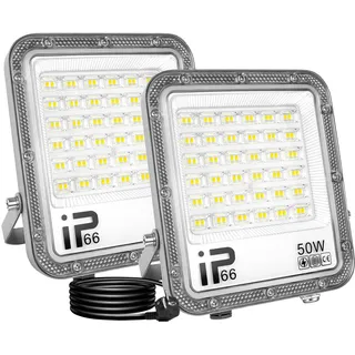 AUXTINGS 2 Stück LED Strahler mit Stecker außen 50W, 5000lm 6000K Weiß Außenstrahler IP66 Wasserdicht Außenbeleuchtung Fluter Scheinwerfer für Garten, Garage, Haus, Hof, Sportplatz