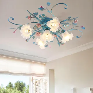 meibeileil Deckenleuchte Landhaus,Vintage Blumen Design Metall Pendelleuchte, Kronleuchter Mit Glas Lampenschirm Und Rosa Rosen Keramik Für Wohnzimmer Schlafzimmer Restaurant Flur 5 Kopf Blau
